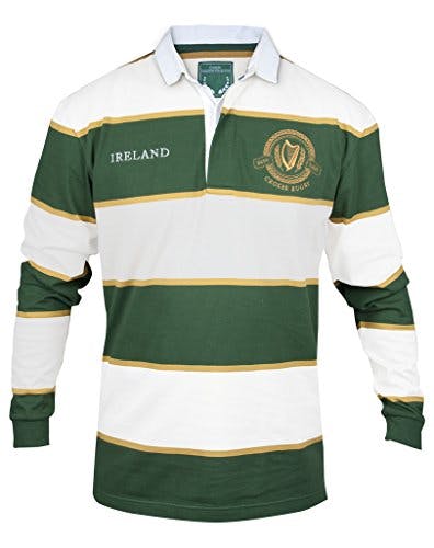 Croker Green and White Striped Rugby Jersey, X-Large - Cotton Polyester Embroidered Long Sleeve Polo Shirt