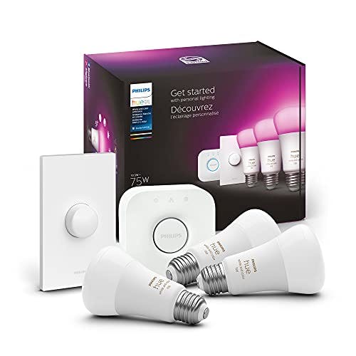 Philips Hue Smart Light Starter Kit - Includes (1) Bridge, (1) Smart Button and (3) Smart 75W A19 LED Bulb, White and Color Ambiance, 1100LM, E26 - Control with Hue App or Voice Assistant