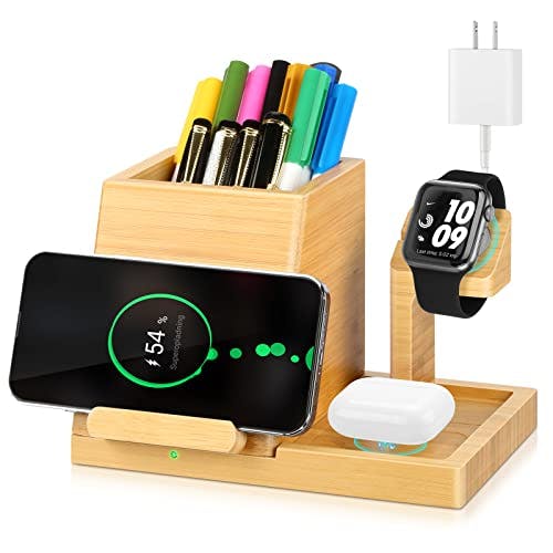 Bamboo Wireless Charging Station 3 in 1 Charging Dock with Pen Cup, OthoKing Fast Wireless Charger Compatible with iPhone 14/13/12 Pro Max, AirPods,iWatch(No Watch Charging Cable)