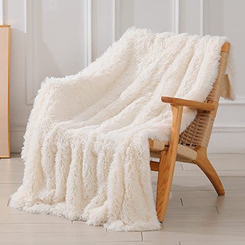 Tuddrom Decorative Extra Soft Fuzzy Faux Fur Throw Blanket 50" x 60",Solid Reversible Long Hair Shaggy Blanket,Fluffy Cozy Plush Comfy Microfiber Fleece Blankets for Couch Sofa Bedroom,Cream White