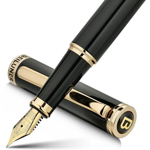 BEILUNER Black Fountain Pen,Stunning Luxury Piano Lacquer,24K Gilded Nib(Fine),Gorgeous 24K Gold Finish, Ink Converter,Trustworthy Gift for Men&Women-Elegant, Reliable,Executive,Nice Pens for Writing
