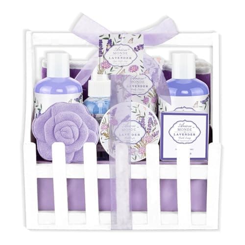 Bath Spa Basket Gift Set, with Lavender & Jasmine Scent, Home Spa Gift Basket Kits for Women, Includes Body Lotion, Shower Gel, Bath Salts, Bubble Bath, Body Mist, Bath Soap, Bath Bom