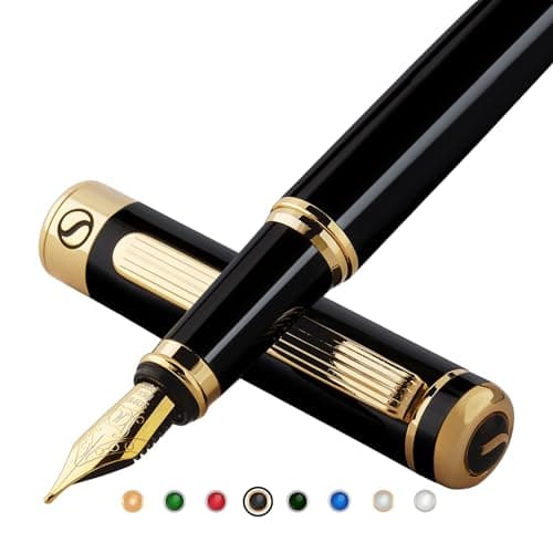 Scriveiner Luxury Fountain Pen - Stunning Black Lacquer Pen, 24K Gold Finish, Schmidt 18K Gilded Nib (Medium), Converter, Best Pen Gift Set for Men & Women, Professional, Executive, Office, Nice Pens