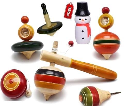 Channapatna Toys Wooden Spinning Tops Toys Combo Pack of 6 Toys for Kids (3 Years+) - Multicolor - Curiosity & Fine Motor Skills