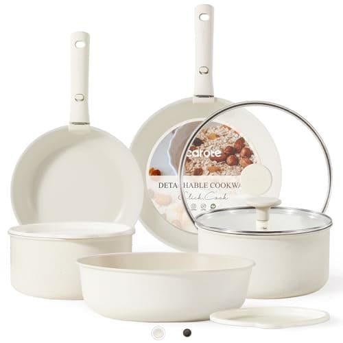 CAROTE 11pcs Pots and Pans Set, Nonstick Cookware Detachable/Removable Handle, Induction RV Kitchen Set, Oven Safe, Cream White