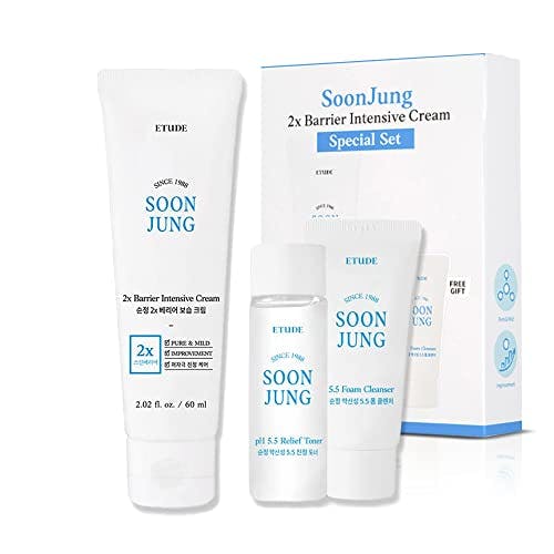 ETUDE Soonjung 2x Barrier Intense Cream Set | 2x Barrier Cream 2.02fl.oz + Ph 5.5 Relief Toner 0.85 Fl.oz. + Foam Cleanser 0.68 Fl.oz. | Oil And Water Balance Skin Care Moisturizing Cream