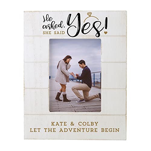 Personalization Universe Personalized “He Asked, She Said Yes” Shiplap 5x7 Vertical Picture Frame - He Asked, She Said Yes - Engagement, Wedding, Love, Couples Photo Frame 4x6, Customizable Home Decor
