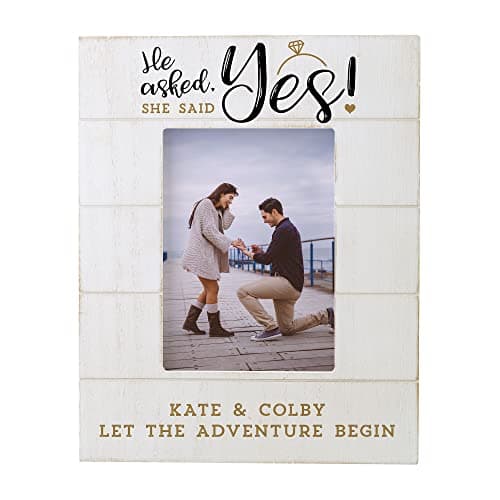 Personalization Universe Personalized “He Asked, She Said Yes” Shiplap 5x7 Vertical Picture Frame - He Asked, She Said Yes - Engagement, Wedding, Love, Couples Photo Frame 4x6, Customizable Home Decor