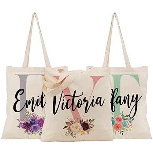 Personalized Wedding Floral Tote Bags Gift for Bridesmaid w/Initial & Name - 8 Design - Customized Canvas Bag for Girls - Custom Beach Shoulder Bag - Maids Bachelorette Party Bridal Shower Gifts C1