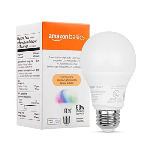 Amazon Basics Smart A19 LED Light Bulb, Multicolor Changing, 7W (60W Equivalent), 800LM, Works with Alexa Only, 2.4 GHz Wi-Fi, No Hub Required, 1-Pack