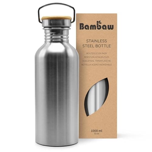 Bambaw 32 oz Water Bottle | Metal Water Bottle | Non-insulated Single Wall Stainless Water Bottle | Steel Water Bottle | Stainless Steel Water Bottles | Travel Water Bottle | 1 Liter Water Bottles