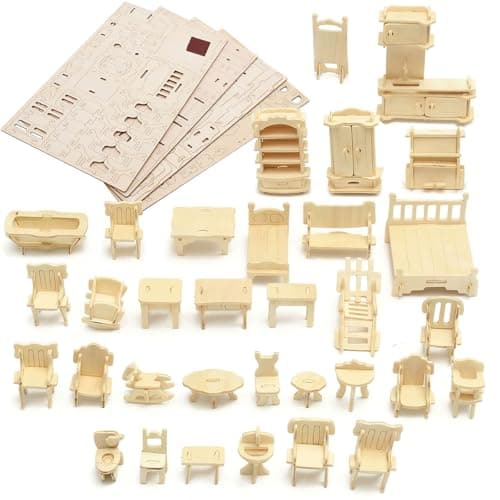 LOVEINUSA DIY Wooden Dollhouse Furniture Set, 3D Puzzle Miniature Room Accessories, Natural Wood