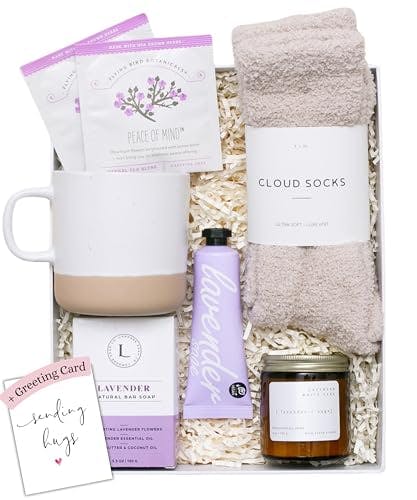 Unboxme Lavender Spa Gift Set - Relaxation Gifts For Women - Get Well Soon Gift Basket with Scented Candle, Bath Bomb, Soap