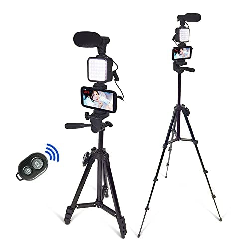 Smartphone Video Kit, Vlogging Kit, Youtuber Kit, with Microphone Light Tripod 50" Extendable Phone Clip Remote Control Compatible with iPhone/Smartphone/Cameras