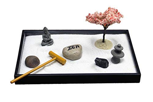 Nature's Mark Mini Zen Garden Kit for Desk with Rake, White Sand, Buddha, Lantern, Black Rectangle Base, River Rocks and Mini Blossom Tree (8Lx5W C)