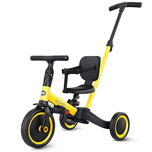 newyoo 5-in-1 Toddler Tricycle, Steering Push Handle, Adjustable Seat & Handle, Carbon Steel Frame, EVA Wheels, Yellow, Ages 1-3 Years, Unisex