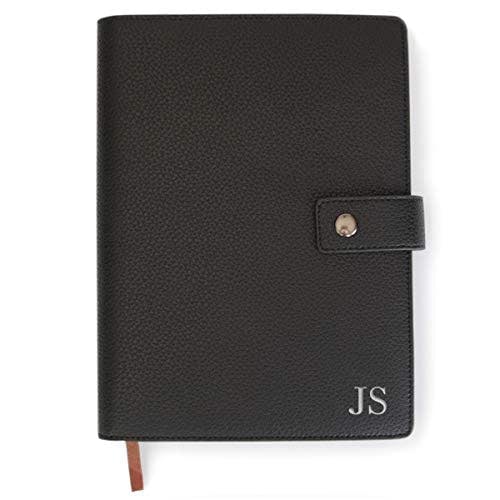 CASE ELEGANCE Full Grain Premium Leather Refillable Journal Cover with A5 Lined Notebook, Pen Loop, Card Slots, Brass Snap (Monogrammed Black)