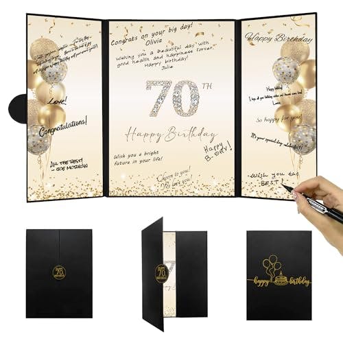 DARUNAXY Black Gold 70th Birthday Party Decorations, Happy 70th Birthday Alternative Signature Guest Book for Men Women Cheers to 70 Years Old Gifts 70 Birthday Signing Card Board Party Supplies