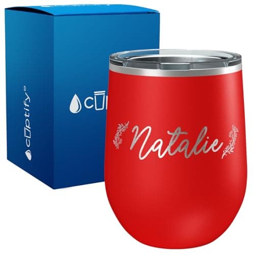 Personalized Wine Tumbler with Lid Laser Engraved Name on Red 12 oz Insulated Stainless Steel Custom Cup for Women Birthday Gift for Girls