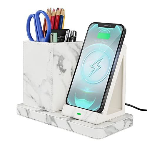 Wireless Charger with Desk Organizer, Wireless Charging Station for iPhone 14/14 Pro/13/12/11/Samsung Galaxy S23/S22/S21/S20/Note 20/Note 10, Wireless Charging Stand with Leather, Marble