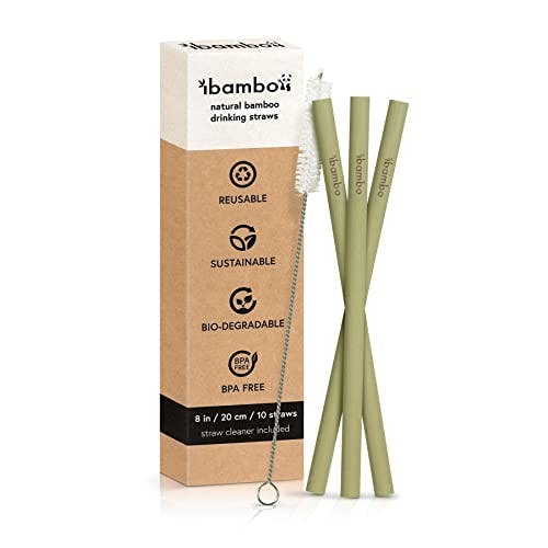 Ibambo 10 Pack Reusable Natural Bamboo Straws - Eco Friendly Washable Straws | 8 Inch Biodegradable & Compostable Straws with Straw Cleaner | Bamboo Reusable Straws Alternative to Disposable Straws