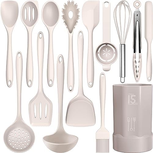 Silicone Cooking Utensils Set - 446°F Heat Resistant Kitchen Utensils,Turner Tongs,Spatula,Spoon,Brush,Whisk,Kitchen Utensil Gadgets Tools Set for Nonstick Cookware,Dishwasher Safe (BPA Free)