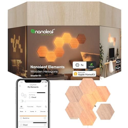 Nanoleaf Elements Wood Look Smart Wall Lights, Hexagon LED Wall Lights Work with Alexa Google Assistant, Home Wall Decor for Living Room with Music Sync, Touch Control, Ambient White 1500-4000K, 7 PK