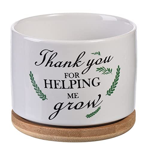 DOMG Teacher Appreciation Gift, Thank You for Helping Me Grow Ceramic Succulent Plant Pot Planter for Indoor Outdoor Use, Best Teacher Birthday Retirement Gift