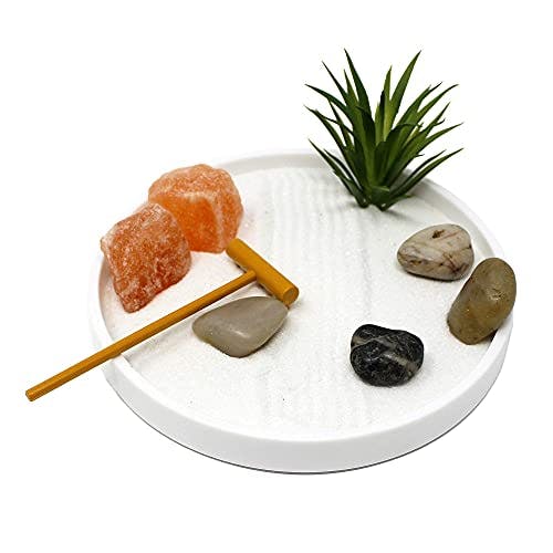 Nature's Mark Mini Zen Garden Kit for Desk with White Sand, Rake, White Base, Salt Rock and Air Plant (Round)