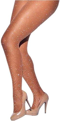 LUCKELF Sexy High Waist Tights Sparkle Rhinestone Fishnets Party Rhinestone Mesh Stockings (Free Size, Natural)