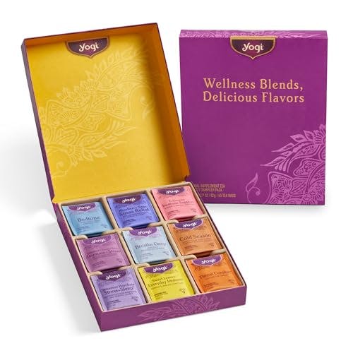 Get Well Yogi Tea Organic Sampler Gift Box - 5 Tea Bags per Flavor (45 Tea Bags) - Assorted Delicious Wellness Teas - 9 Herbal Teas - Caffeine-Free Tea Variety Pack - Tea Gift Set
