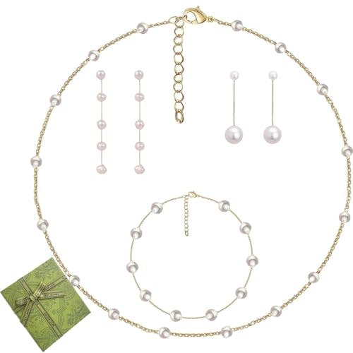 Gpurplebud Pearl Necklace and Earring Set - 4PCS Pearl Jewelry Set for Women Adjustable Gold Plated Pearl Choker Bracelet Earrings Set Trendy Gifts (Satellite Pearl Set)