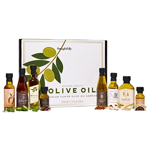Thoughtfully Gourmet, Olive Oil Sampler Gift Set, Premium Extra-Virgin Olive Oil from Spain, Natural Flavors Include Garlic, Chili, Smoky Bacon, Mushroom, Jalapeno and More, Set of 8