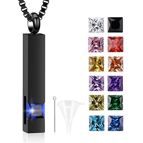 XSMZB Crystal Cremation Urn Jewelry Cube Memorial Ashes Necklace Pendant Keepsake- Black Birthstone Series(Blue)