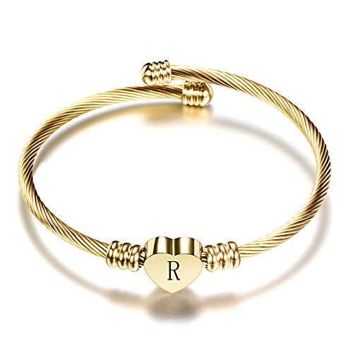 VQYSKO Rose Golden Heart Initials Bracelet-A-Z Stainless Steel Engraved Charm Bracelet, Woman Girl Jewelry Birthday Festival Gift(Golden R)
