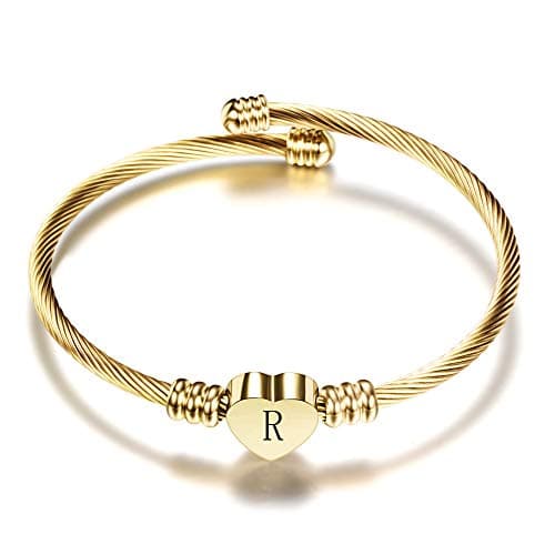 VQYSKO Rose Golden Heart Initials Bracelet-A-Z Stainless Steel Engraved Charm Bracelet, Woman Jewelry Birthday Festival Gift(Golden R)