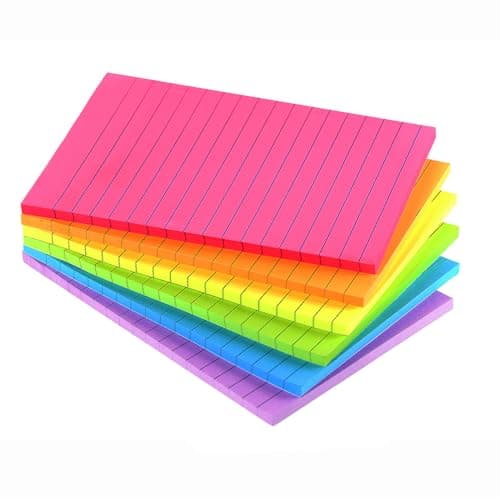 Lined Sticky Notes 4X6 in Bright Ruled Post Stickies Colorful Super Sticking Power Memo Pads Its, 45 Sheets/pad, 6 Pads/Pack