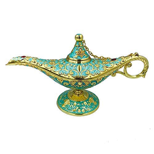 Vintage Aladdin Magic Genie Lamp Incense Burners Metal Carved Wishing Light for Home Tabletop Decoration, Party, Birthday Delicate Gift (Green)