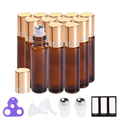 PrettyCare 12 Pack, 10 ml Essential Oil Roller Bottles with Stainless Steel Roller Ball - Refillable Leak-proof Empty Thick Amber Glass Roll on Bottles with Metal Caps for Travel, Perfume