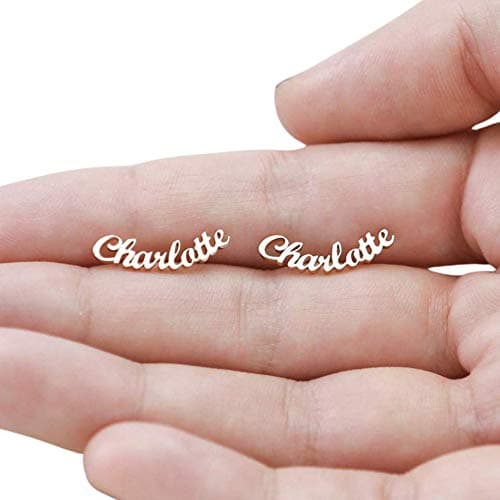 CAITLYNMINIMALIST 18K Gold Plated Sterling Silver Custom Name Personalized Writing Minimalist Personalized Word Stud Earrings Mother Bridesmaids Gift for Her