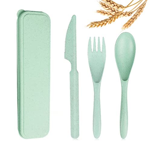 YDYTOP Reusable Travel Utensils Set with Case, Green Wheat Straw Portable Knife Fork Spoons Tableware, Eco-Friendly BPA Free Cutlery for Kids and Adults as Travel Picnic Camping Utensils