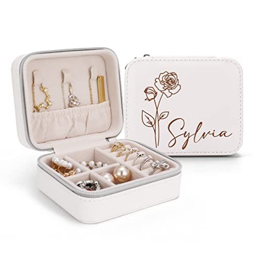 Party-rainday Bridesmaid Proposal Gifts Custom Leather Jewelry Box Birth Flower Travel Jewelry Case Ring Box Personalized Jewelry Organizer Wedding Bachelorette Gifts for Women Girls (White)