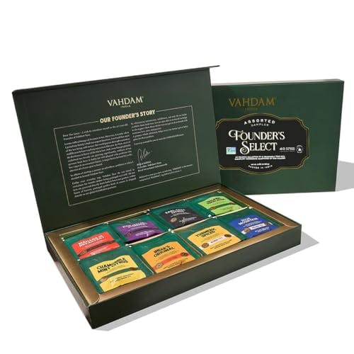 VAHDAM, Founder's Select - Assorted Tea in Presentation Box - 8 Flavors, 40 Pyramid Tea Bags | Long Leaf Pyramid Tea Variety Pack | Premium Tea Gifts | Gifts for Women & Men