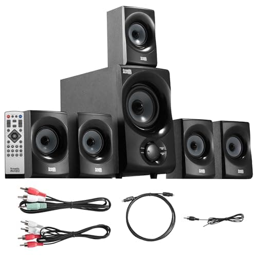 Acoustic Audio AA5172 700W Bluetooth Home Theater 5.1 Speaker System with FM Tuner, USB, SD Card, Remote Control, Powered Sub (6 Speakers, 5.1 Channels, Black with Gray)