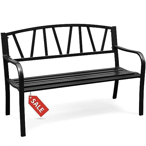 GARDENSTAR Outdoor Bench Metal Garden Bench 50IN Cast Iron Entryway Bench with Slatted Backrest for Porch Lawn Balcony Backyard and Park Black