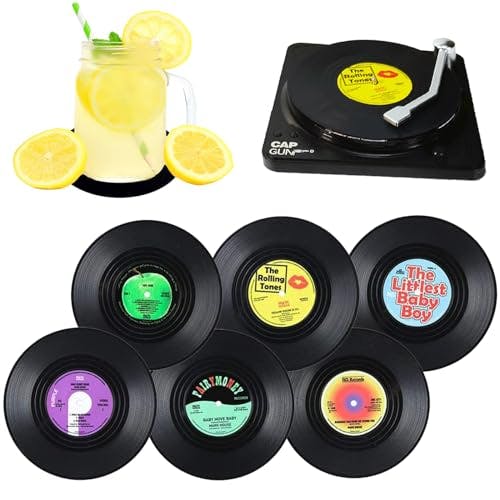 ONFAMICO Vintage Vinyl Record Coasters - Set of 6 with Vinyl Player Holder Gift Box Retro Music Decor for Bar/Party/Cake Unique Gifts for Music Lovers (M1)