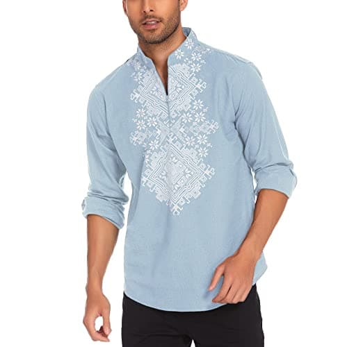 COOFANDY Mens Shirt Hippie Floral Print Casual Zip Up Cotton Beach Henley African Dashiki, Light Blue, X-Large, Long Sleeve