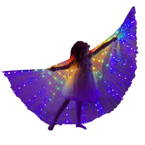 ZFBIRD Kids Belly Dance Wings LED Butterfly Wings Luminous Light Up Girls Costumes with Telescopic Stick for Stage Show Halloween Christmas Party