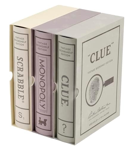WS Game Company Scrabble, Monopoly, and Clue Vintage Board Games Bookshelf Collection For 2-6 Players, Ages 8+