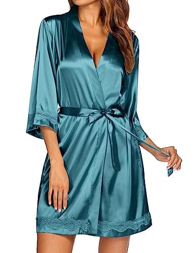 Ekouaer Women's Lace-Trim Silk Robes Bride Bridesmaid Kimono Satin Bathrobe V Neck Sleepwear with 3/4 Sleeve